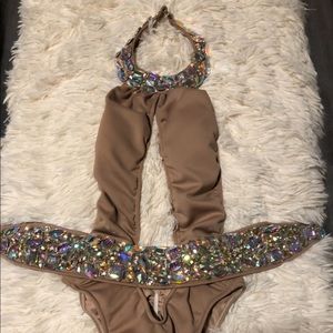 Hand stitched nude Czech crystal one piece swim